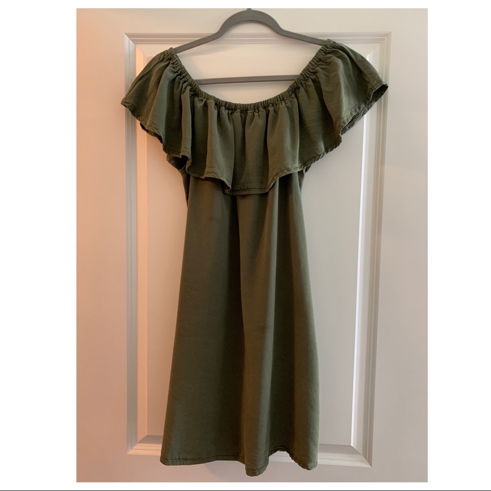 TopShop Olive Green Ruffled Off Shoulder Dress - Picture 8 of 8